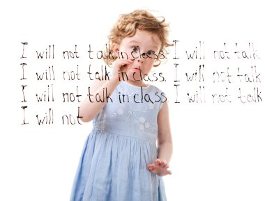 Primary school girl writing I will not talk in class sentence clipart