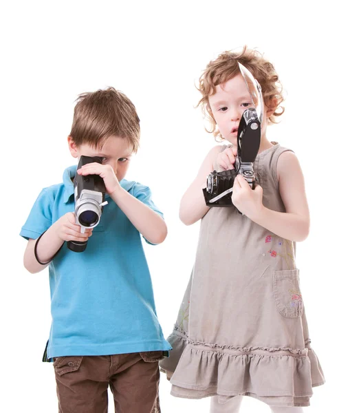 Fiatal Fotósok Két Kis Gyerekek Játszó Antik Kamerák — Stock Fotó