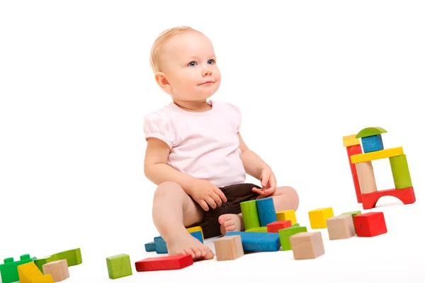 Cute Baby Girl Building Colorful Wooden Blocks Isolated White Background — Stock Photo, Image