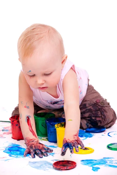 Bonito Ano Idade Criança Menina Pintura Fundo Branco — Fotografia de Stock