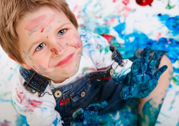 Porträt Des Süßen Jährigen Jungen Malerei Auf Weißem Hintergrund — Stockfoto