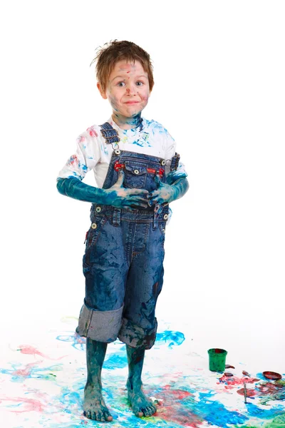 Симпатичный Летний Мальчик Рисует Белом Фоне — стоковое фото