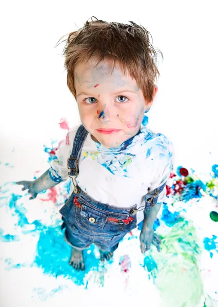 Αστεία Φωτογραφία Του Χαριτωμένο Ετών Αγόρι Ζωγραφική Λευκό Φόντο — Φωτογραφία Αρχείου