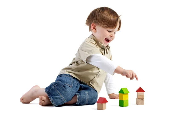 Choosing Right House Cute Little Boy Pointing One Three Wooden — Stock Photo, Image