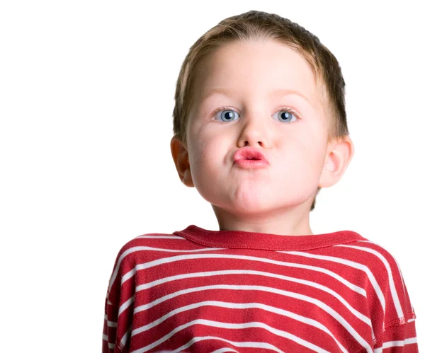 Портрет Чотирирічного Хлопчика Який Робить Смішне Обличчя Ізольовані Білому — стокове фото