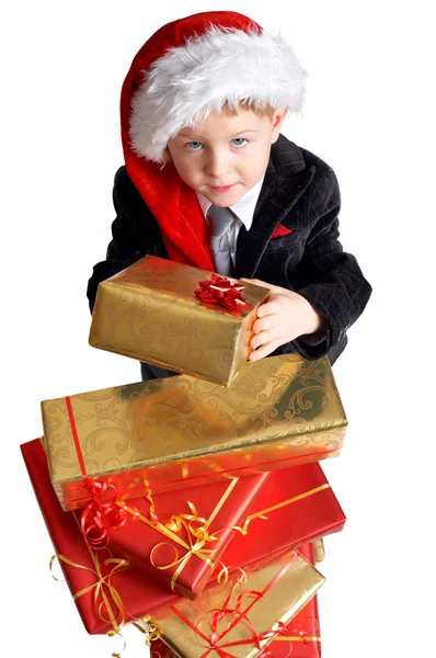 Neem Gift Studio Shot Van Gelukkig Schattige Jongen Kerstman Hoed — Stockfoto