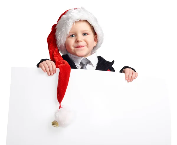 Little Santa Helper Banner Cute Playful Boy Santa Hat Holds — Stock Photo, Image