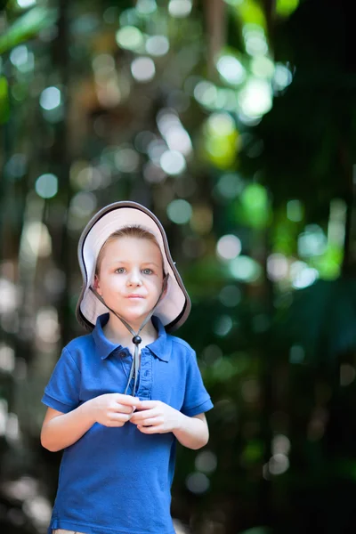 Πορτρέτο Του Χαριτωμένο Μικρό Αγόρι Στο Δάσος Θερινή Ημέρα — Φωτογραφία Αρχείου