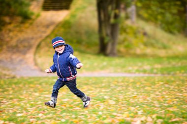 4-years old boy playing and running in beautiful autumnal park clipart