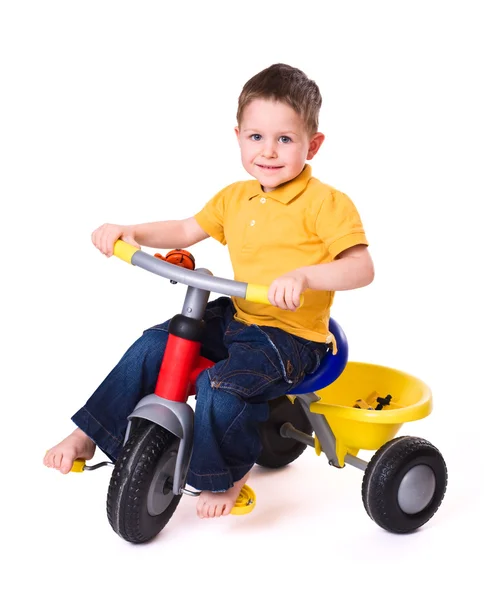 Söt Liten Pojke Cykla Hjul Isolerad Vit Bakgrund — Stockfoto