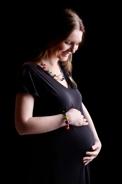 Szczęśliwy Ciąży Tydzień Ciąży Piękna Młoda Kobieta Rozmawia Brzucha — Zdjęcie stockowe