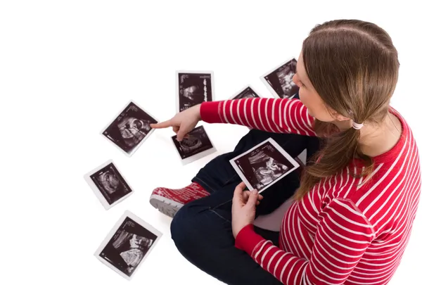 Feliz Semanas Gravidez Jovem Com Ultra Som Fotos Bebê Isolado — Fotografia de Stock