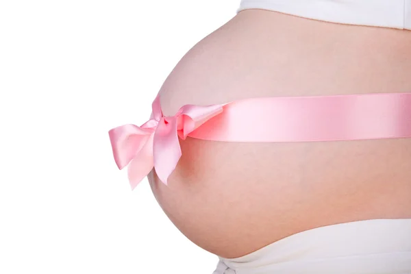 Det Flicka Isolerade Veckor Gravid Mage Med Rosa Rosett Över — Stockfoto