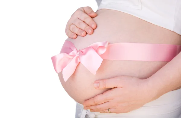 Πρόκειται Για Ένα Κορίτσι Απομονωμένες Εβδομάδων Έγκυος Κοιλιά Ροζ Φιόγκο — Φωτογραφία Αρχείου
