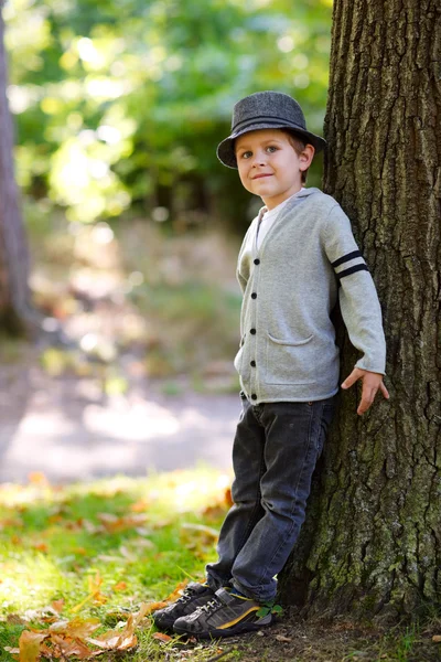 秋の日の屋外での灰色の帽子でスタイリッシュな少年 — ストック写真