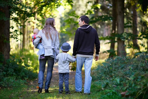 年轻的家庭 有两个孩子享受美丽秋季的一天 — 图库照片