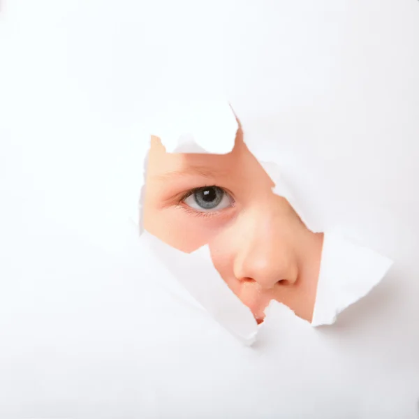 Cute Little Boy Looking Paper Hole — Stock Photo, Image