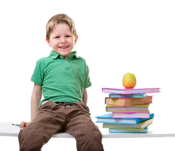 Tillbaka Till Skolan Liten Pojke Med Böcker Isolerad Vit Bakgrund — Stockfoto