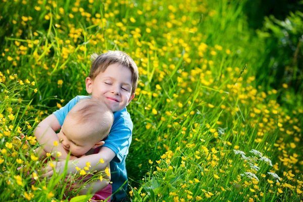 兄と妹の日当たりの良い夏の日で緑の芝生で遊んで — ストック写真