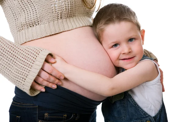 Little Brother Cute Small Boy Talking His Pregnant Mother Studio Stock Image