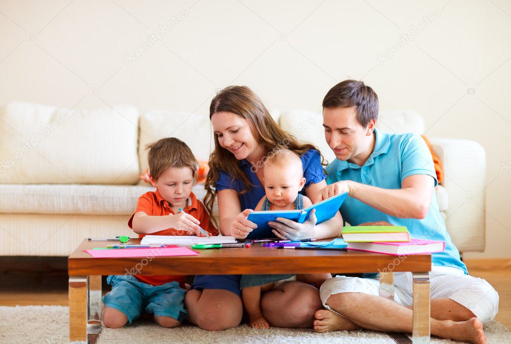 Family drawing and reading