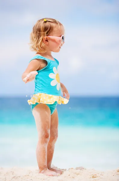 Adorable Toddler Girl Blue Yellow Swimsuit Standing Tropical Beach — Stock Photo, Image