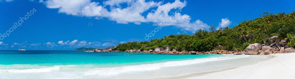 Panorama of Anse Lazio beach on Praslin island in Seychelles
