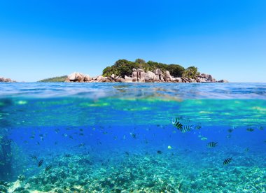 Under and above water photo of small island in Seychelles clipart