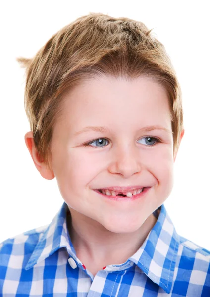 Студійний Портрет Милого Річного Хлопчика Який Показує Зниклого Зуба — стокове фото