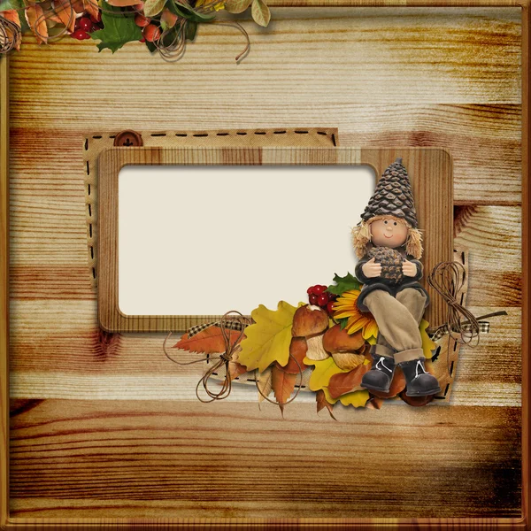 Sonbahar gnome ile ahşap çerçeve — Stok fotoğraf