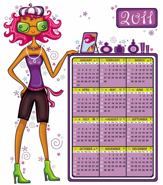 2011 kalender met mode meisje — Stockvector