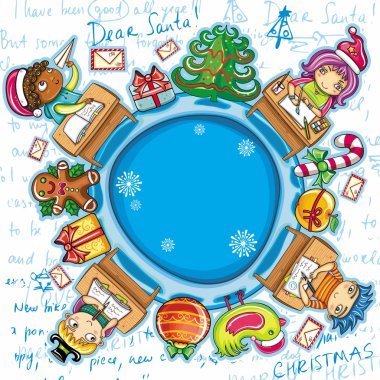 Happy children writing letters to Santa Claus. Christmas greeting card 2 clipart