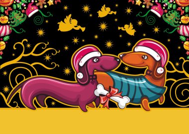 Colorful Christmas greeting card with cute Santa Dachshunds clipart