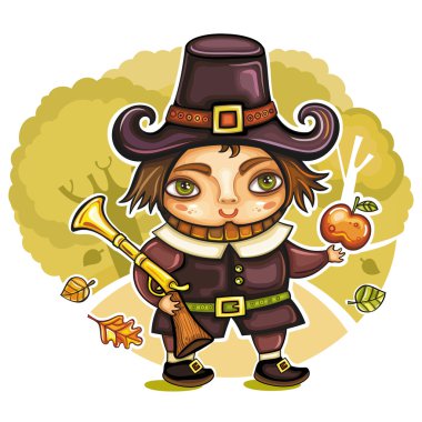 Thanksgiving happy cartoon pilgrim man with blunderbuss clipart