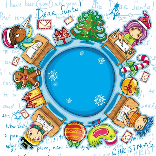 Niños felices escribiendo cartas a Santa Claus. Tarjeta de felicitación de Navidad 2 — Vector de stock