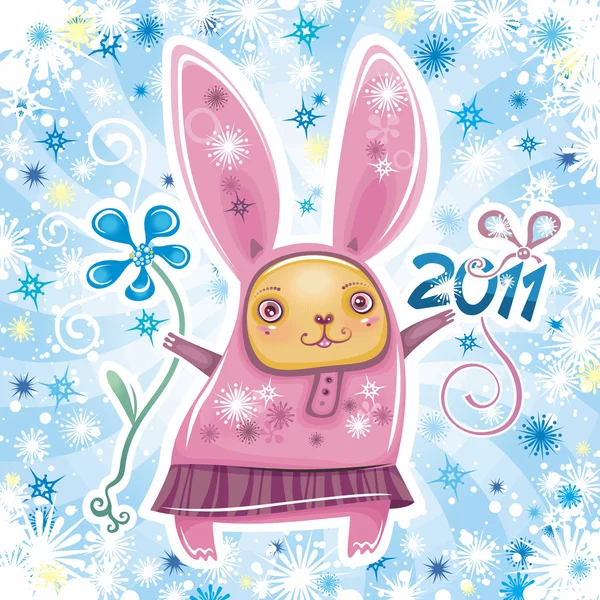 矢量卡与可爱的小兔子女孩庆祝新的一年 — 图库矢量图片