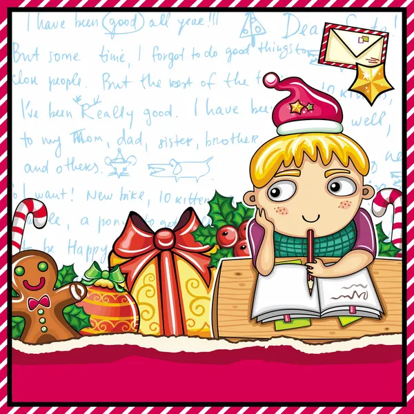 Kleine jongen, het dragen van de kroon, het schrijven van een brief aan de Kerstman — Stockvector