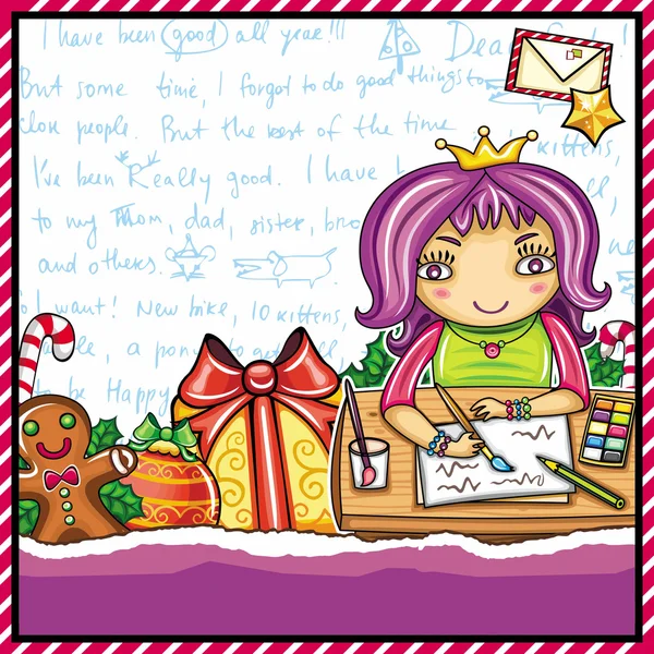 Niña, con corona, escribiendo una carta a Santa — Vector de stock