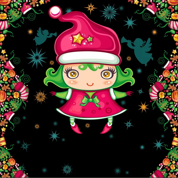 Colorful Christmas greeting card with cute Christmas Elf — Stock Vector