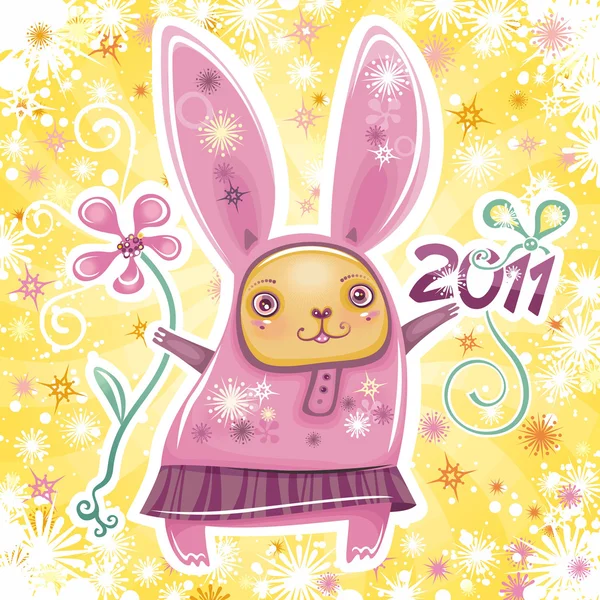 矢量卡与可爱的小兔子女孩庆祝新的一年 — 图库矢量图片