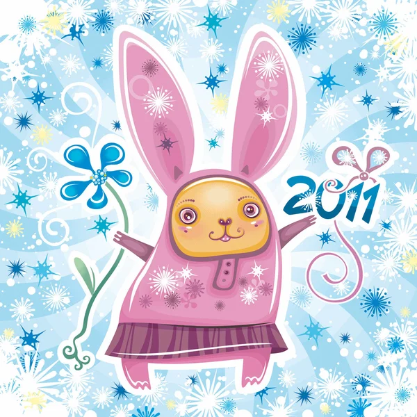 Sevimli küçük tavşan kız yeni yıl kutlama ile vektör kartı — Stok Vektör