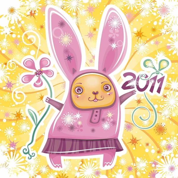 Vector card with cute little rabbit girl celebrating New Year — Stock Vector