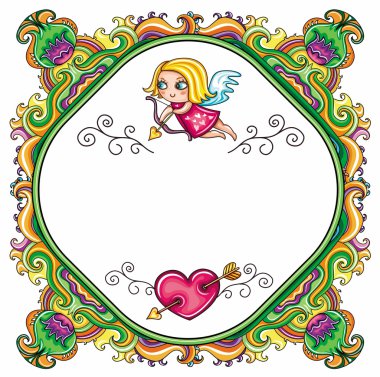 Valentine day funny, floral framework, with cute little cupid, flying around floral pattern, with space for your text clipart