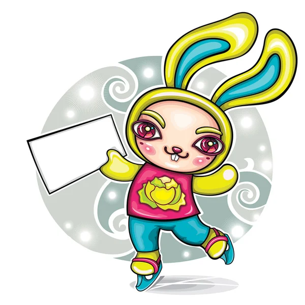 矢量贺卡 可爱搞笑卡通兔上冰刀 握白空白纸牌子 上面写着可以 使用您自己的文本 — 图库矢量图片