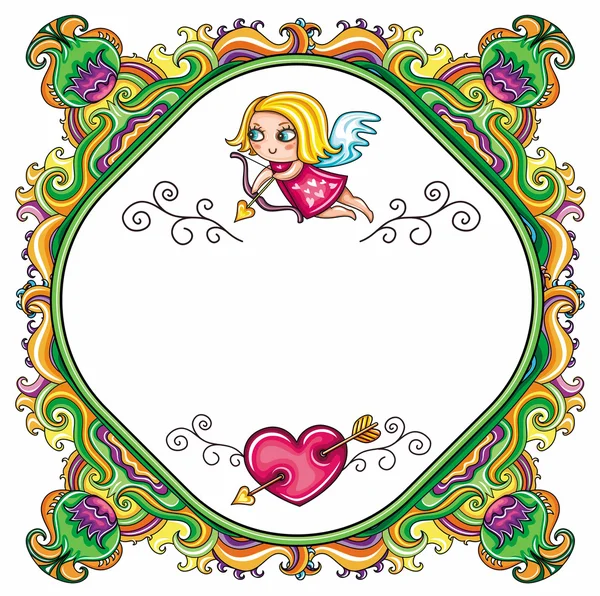 Saint Valentin Drôle Cadre Floral Avec Mignon Petit Cupidon Volant — Image vectorielle