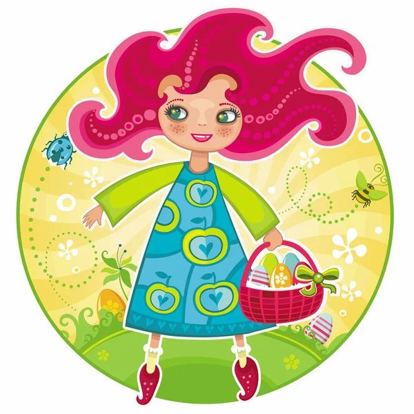 Linda chica con cesta llena de huevos de Pascua — Vector de stock