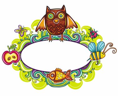 Floral cartoon framework with funny owl clipart