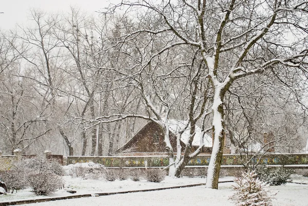 stock image Wooden cabin in snowy park