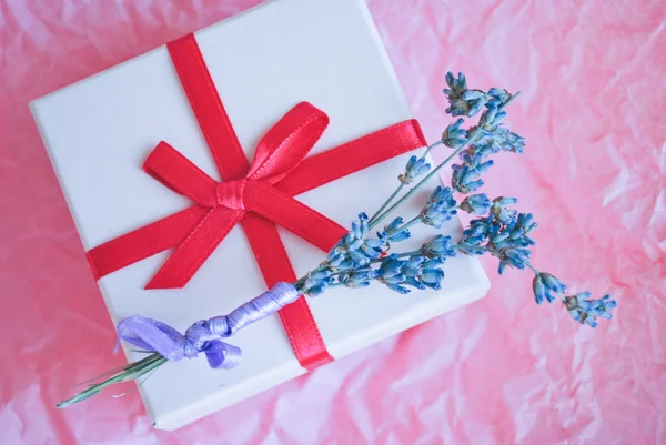 Lavendel und hübsch verpacktes Geschenk — Stockfoto