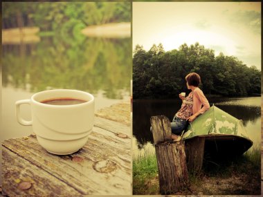 Collage: girl and coffee clipart